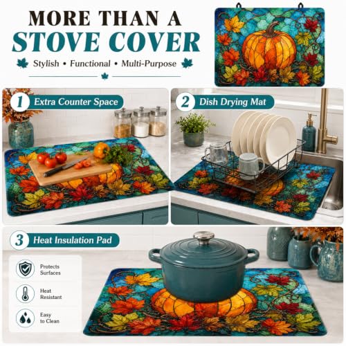 Image of Pumpkin Maple Leaf Stove Top Cover, 28x20 inch Rubber Cooktop Mat