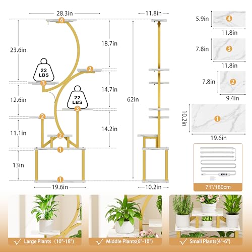 Image of Plant Stand with Grow Lights for Indoor Plants, 8-Tiered Tall Corner Plant Shelf with Full Spectrum Light, S-Shaped Space-Saving Narrow Flower Holder, Anti-Tip for Living Room Bedroom, Faux Marble