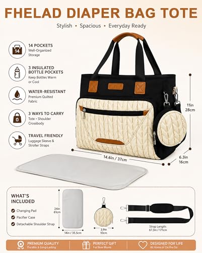 Image of FHELAD Diaper Bag Tote for Women, Baby Diaper Bag 16L (Black-White) | 5 Insulated Pockets, Changing Pad, Pacifier Case, Stroller Clip, 15.6 Inch Laptop Compartment, Detachable Shoulder Strap