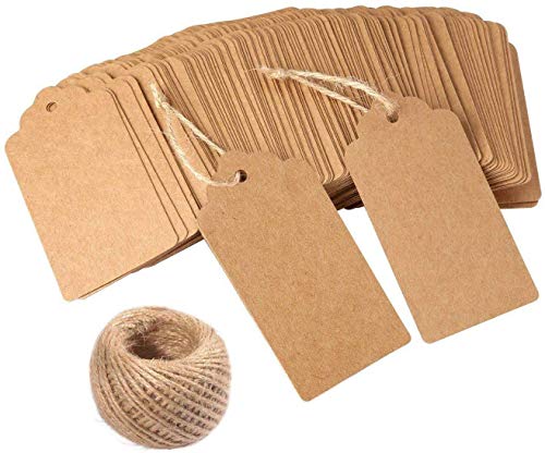 BeGrit Kraft Paper Tags Gift Tags 100 PCS Brown Rectangle Craft Hang Tag with Jute Twine 10 Meters Long for Wedding Birthday Christmas New Year