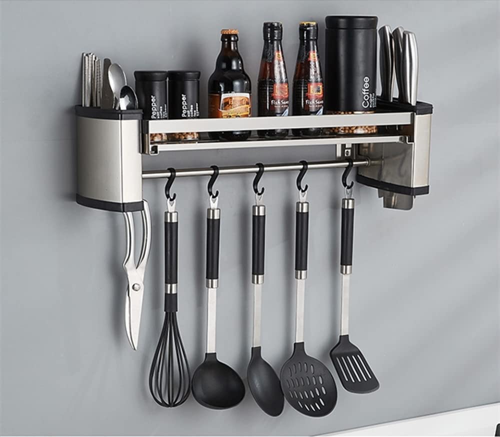 Gewürzregal Wandmontierter Topf Pfannenregal Multifunktionales Küchenregal Lagerregal Edelstahlblöcke Aufhänger Haken Topforganisatoren (2 Hängebox 8 Haken)-L90CM