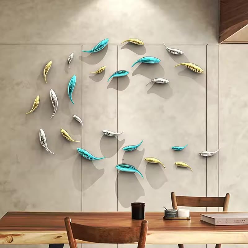 Image of ZOVE Set of 12 Stainless Steel Modern Luxury 3D Modern Fish Creative Design Wall Art | Home Decoration, Living Room, Hotel, Restaurant, Office, Wall Decor (Electroplating Gold,Blue And Silver)
