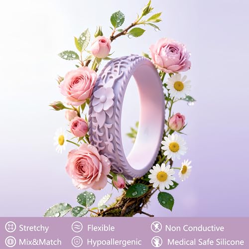 Image of Silicone Wedding Rings for Women 1 /4 /7 Packs -Stackable Silicone Rubber Wedding Bands - Innovative Flower & Vine Collection
