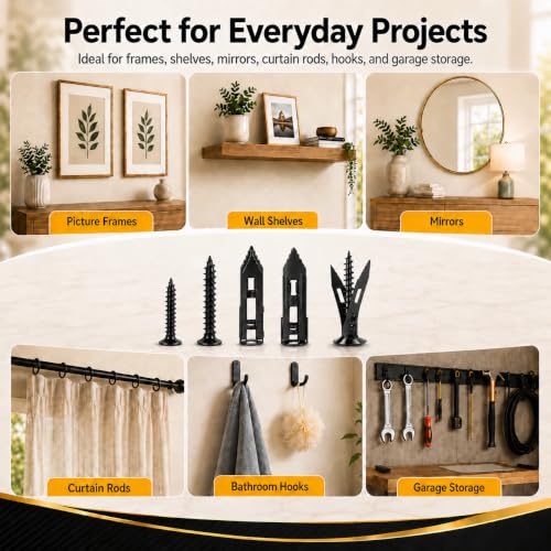 Image of Jyphorixal 150Pcs Self Drilling Drywall Anchors with Screws Kit,Zinc Plated Steel,2 Sizes Expansion Screws and 2 Sizes Wall Anchors, Easy Application No Drill or Holes in Wall.(Electrophoretic Black)