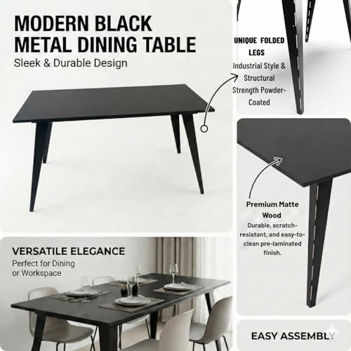 Image of FFO IRONCORE Dining Table with 1 Year Warranty | Modern Rectangular Dining Table for Home & Kitchen | Engineered Wood Top & Heavy Metal Tapered Legs | Matte Black Finish DIY.