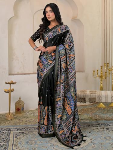 Image of SIRIL Women's Printed Silk Saree with Zari Border & Tassels