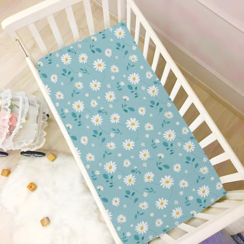 Image of Crib Sheet Breathable Soft Crib Mattress Sheet for Baby Toddler Boys Girls Fitted Pack n Play Crib Sheet Fit Standard Crib Mattress 52 x 28 Inch Simple Blue Daisy