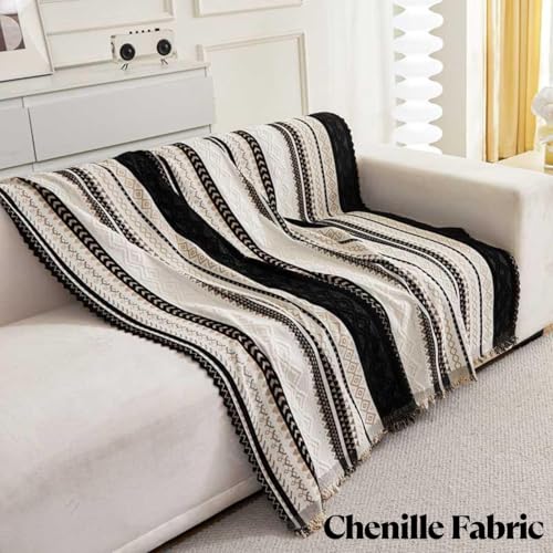 Image of HOMETHREADS Chenille Bohemian Boho Style Sofa Cover | Thick & Soft Luxury Slipcover | Protective, Washable & Stylish Couch Cover for Living Room Decor. (Boho Line Black, 1 Seater Large | 90x180cm)