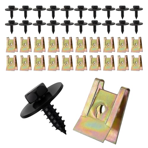 40 Pcs Screw and Nut Clip Kit, 20 Auto Body Fender Screws and 20 Bumper Guard Plate Fixing Bolts,Car Bumper Screws Metal U Type Fastener Clip for Most Car Wheel Arch Cover Undertray Fender
