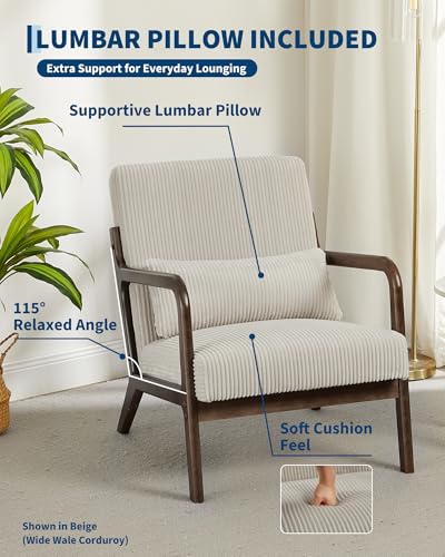 Garvee Mid-Century Chenille Accent Chair, Cozy Reading Chair, Modern Lounge Armchair with Lumbar Pillow, Solid Wood Frame, for Living Room, Bedroom, Office, Beige - Image 5