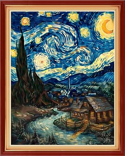 Image of Joyhoor Cross Stitch Kits for Beginners Stamped Cross-Stitch Supplies Needlework preprint Embroidery Kits for Adults DIY Needlepoint Kits Embroidery Patterns 11CT-Van Gogh's Star Home 16x20 inchs