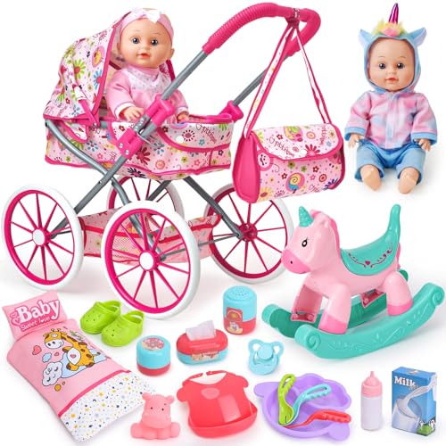 vamei Accesorios Muñecas Bebe para Niñas, Accesorios Bebe Juguete Juego de Rol, con Muñeca & Cochecito & Caballo Balancín & Bolso & Ropa de Muñeca, Cumpleaños Juguetes Regalo Niña Niños 2 3 4 5 6 Años