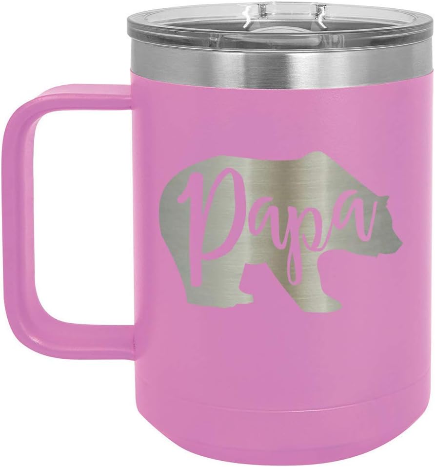 PAPA BEAR Light Purple 15 oz Coffee Mug w/Slide Top Lid | Insulated Travel Coffee Cup | Father's Day Gift Ideas From Son or Daughter | Compare To Yeti Rambler | ONLYGIFTS.COM