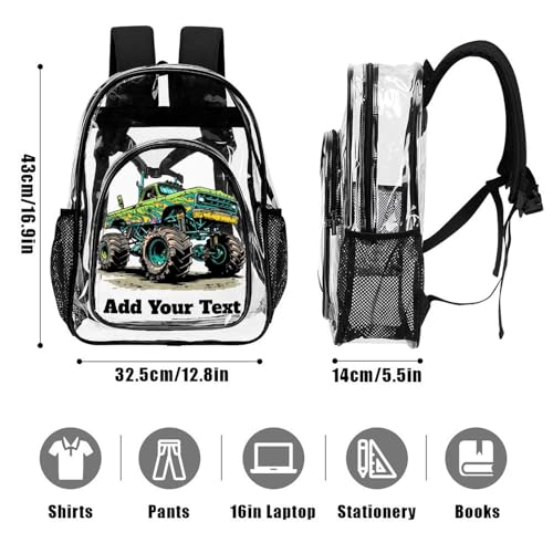 MoBlinko Personalized Clear Backpack Heavy Duty PVC Gree Monster Truck Custom Name Large Transparent Backpack Bag DIY School Backpack3