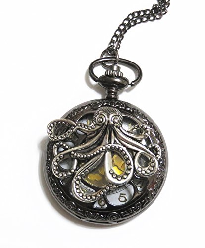 Casecarnival Large Octopus Pocket Watch Necklace Pendant - Vintage Style - Steampunk Retro Dark Gray Pocketwatch Octopus Charm #TOP1