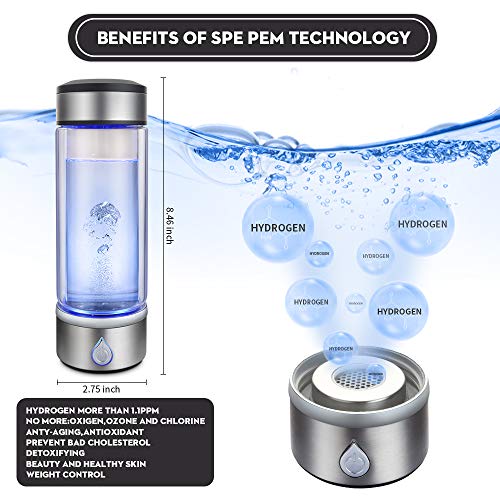 SAIKUN Hydrogen Rich Water Cup ,PEM Technology Ionizer , Portable USB Rechargeable Ionized Water Generator Anti Aging Antioxidant Glass Bottle- 350ml