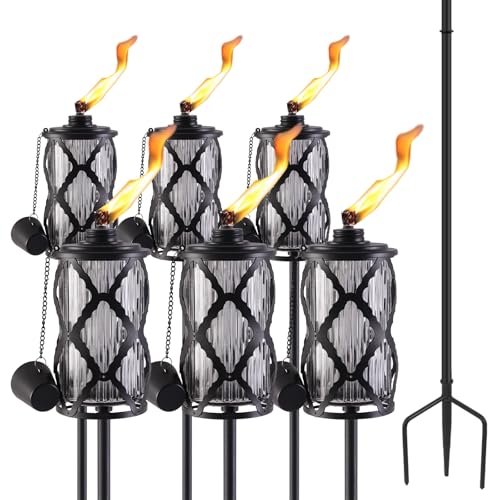 XINWXSS Glass Citronella Torches Set of 6, 16oz Outdoor Glass Torch Garden Décor, 58 inch Outdoor Clear Glass Citronella Torches with 3-Prong Grounded Stake for Garden, Patio, Party, Landscape Decor