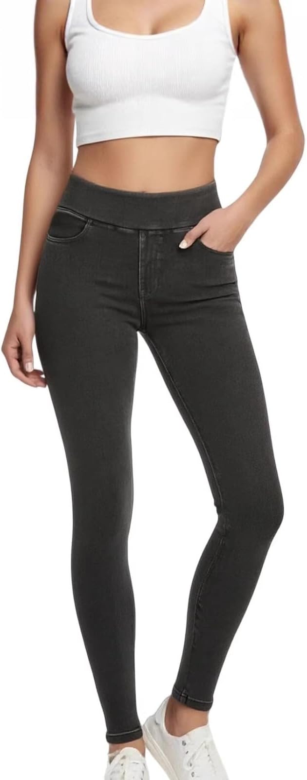 Women's High Waisted Denim Look Yoga Pants with 4 Pockets Butt Lifting Stretchy Slim Fit Workout Jeggings for Fitness & Daily