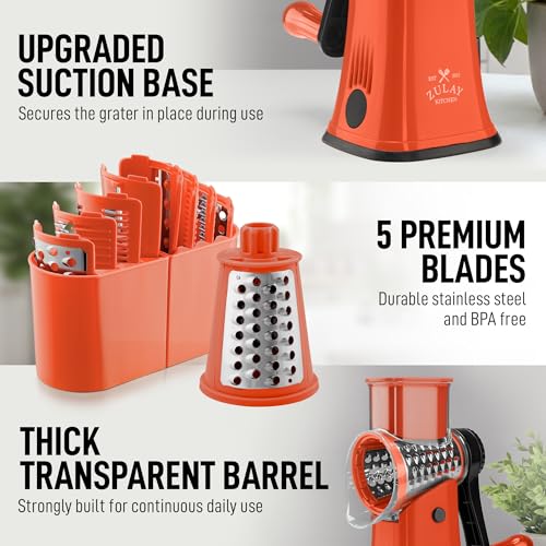 Zulay Kitchen Rotary Cheese Grater 5 Blade Cheese Shredder - Manual Hand Crank Cheese Grater With Reinforced Suction & 5 Interchangeable Drums - Easy to Use, Vegetable Chopper Round Mandoline Slicer by Zulay Kitchen - Image 7