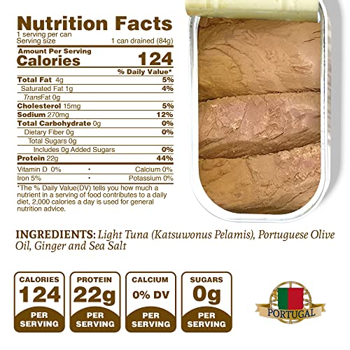 Image of Santo Amaro - Artisanal Wild Tuna Fillets in Olive Oil & Ginger, Pole & Line Wild Caught Tuna from Portugal, Hand-Packed Bali-Style Canned Tuna Fish, 22g Protein, Paleo, Keto, Low Mercury, Pack of 6