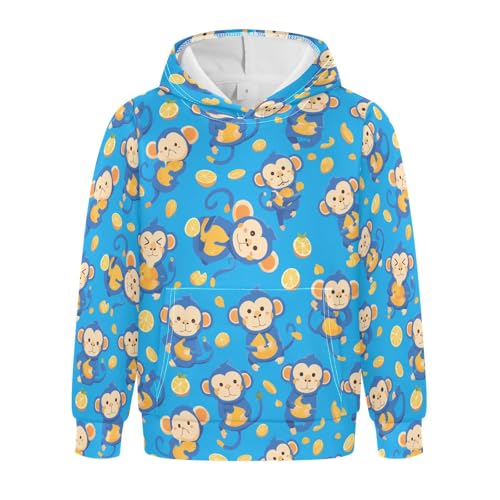 KLL Blue Monkey Pattern Boys And Girls Sweatshirt Fashion Hooded Pullover Hoodies Kangaroo Pocket