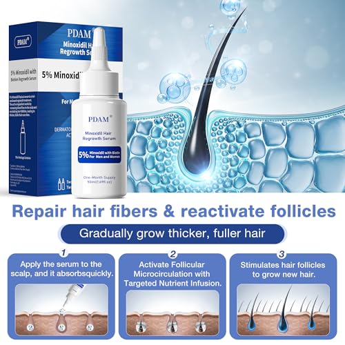 Pdam 5% Minoxidil for Men & Women Hair Growth Serum - Extra Strength Minoxidil Hair Loss Treatment with Biotin, Non-Greasy Fast-Absorbing Formula (2 x 50ml)