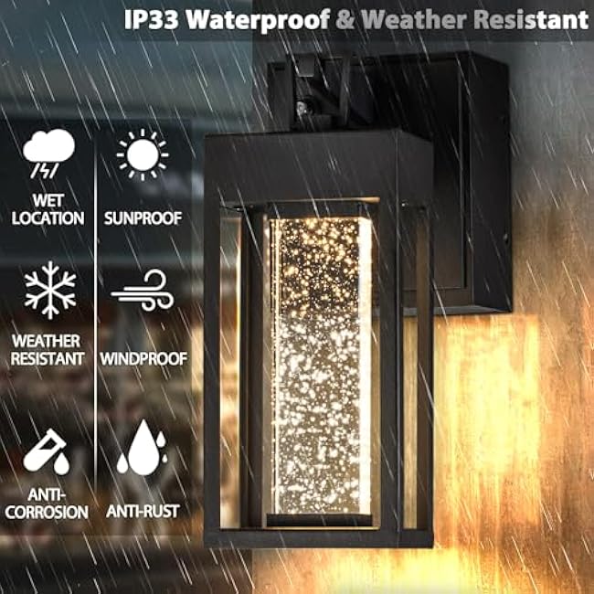 1 Light LED Modern Matte Black Dusk to Dawn Sensor Outdoor Wall Lantern Coach Sconces with Seed Glass and Built-in 2 GFCI Outlets Exterior Wall Mount Light for Garden Patio Front Door