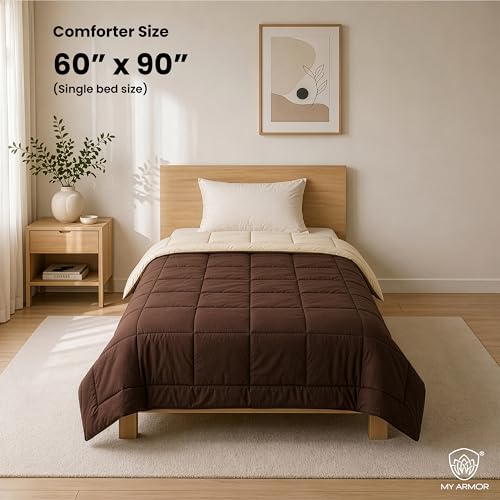 Image of MY ARMOR 220 GSM Reversible Comforter for Single Bed | Microfiber Quilt /Duvet /Blanket for AC & Winter | Soft, Lightweight & Breathable Comforter (60 x 90 Inch, Brown & Cream)