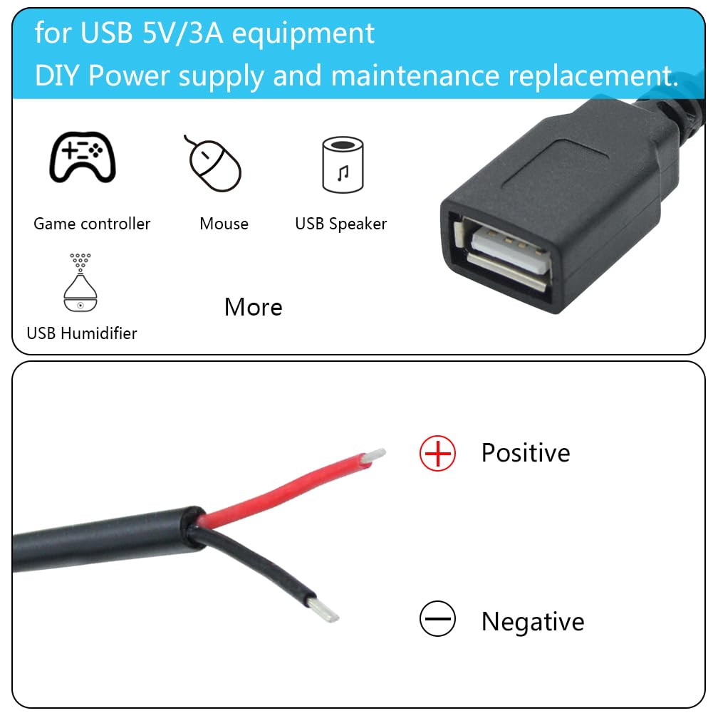 Cavo di alimentazione USB A a 2 pin da 1,8 m, per sostituire il cavo di alimentazione di riparazione, cavo USB a 2 pin con estremità aperta, cavo USB installato o sostituzione fai da te (2