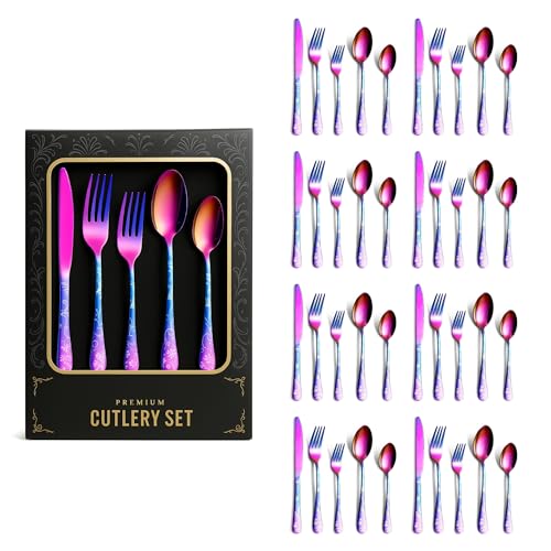 Image of aDai Premium 40 Piece Stainless Steel Cutlery Set | Floral Handle | Includes Spoon Fork Knife Teaspoon | Perfect for Corporate Gifting (Rainbow)