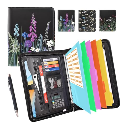 Image of Eshow Portfolio Organizer - 3 Ring Binder with Zipper, Vegan Leather Business Padfolio Folder with Notepad Includes 5 Color Sheet Protectors for Documents Files for Men Women