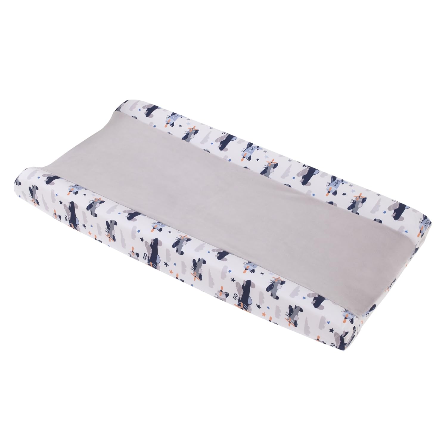 Little Love by NoJo Soar High Lil One Contoured Changing Pad Cover with Airplane Pattern - Soft Plush Center Panel for Baby Comfort - 16" x 32" x 6" - Gray, Navy, Light Blue, and White