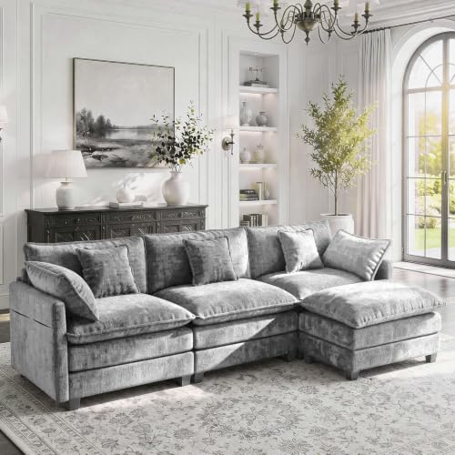 Image of 112 inch L-Shape Modular Sofa with 1 Ottomans, Deep Seat Cloud Convertible Sleeper, 3 Throw 2 Arm Pillows, Cozy Upholstered Furniture for Living Room Apartment, Dark Grey