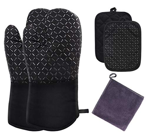 DIAOPROTECT Ofenhandschuhe, 260u00b0C Hitzebeständige Ofenhandschuh und Topflappen Set mit 1 Handtuch,Lange Topfhandschuhe Kochhandschuhe Anti-Rutsch Silikon für Küche,Kochen,Backen BBQ,Grillen(Schwarz)
