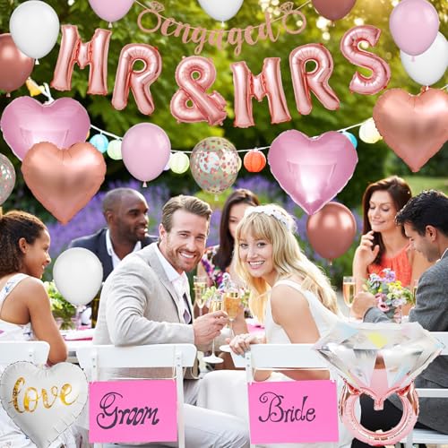 Image of Rose Gold Engagement Decorations, MR MRS Balloons Pink White Confetti