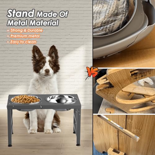 ADENGL Metal Raised Dog Bowl, 10" Height Tall Elevate Dog Feeder Stand with 2 Stainless Steel 42oz Bowls & 16x24 Non-Slip Mat – Stronger Dogs Food & Water Bowl Stand (Grey) - Image 3