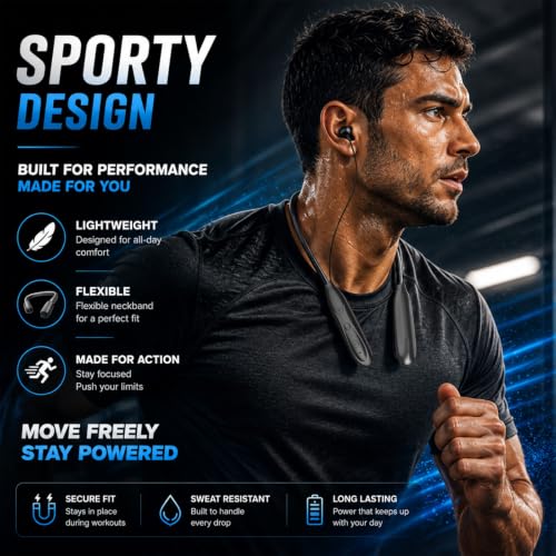 Image of Kratos Jazz Neckband Bluetooth Headphones with 55H Playtime, Deep Bass, Stereo Sound, HD Calls, Magnetic Earbuds, Voice Assistant, Type-C Fast Charging, Rich Audio, Comfort Fit Bluetooth Neckband