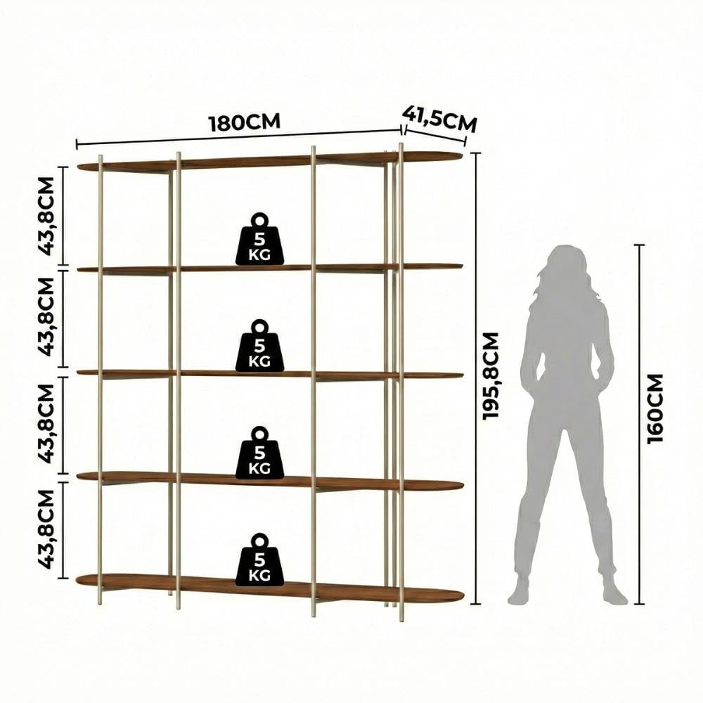 Estante de Livros Enya 180 cm – 5 Prateleiras, Aço Carbono e MDF