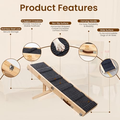 Upgraded 2025 MYUNIK Adjustable Dog Ramp 34.65" Foldable Solid Wood Pet Ramp with 5 Heights 10–19.5", Non-Slip Carpet Handle Ramp for Bed Couch Sofa & Car - Image 4