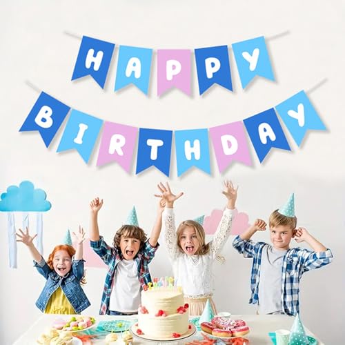 Image of ZHENGYE Blue Pink Happy Birthday Banner - Blue Theme Party Sign for Kids & Girls Birthday Decorations