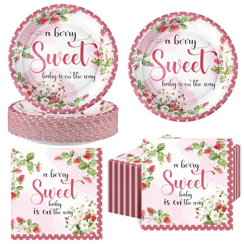 Image of Qinyoung 100 Pcs Strawberry Baby Shower Decorations Strawberry Plates and Napkins a Berry Baby Is on the Way Party Supplies for Berry Babyshower Decorations Picnic Tea Party, Serves 50