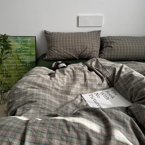 Image of mixinni Vintage Green Buffalo Plaid Duvet Cover Set Twin XL - 3 Piece Mid-Century Washed Cotton Bedding Set with Grid Pattern, Ultra Soft & Breathable Duvet Cover with Pillowcases for All Seasons