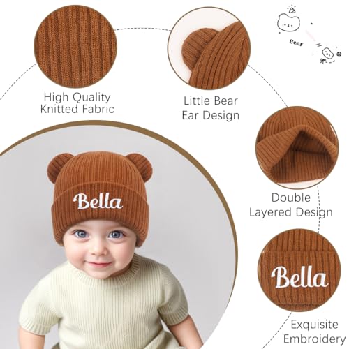 Personalized Baby Beanies Hats, Custom Embroidered Name Knitted Toddler Winter Bear Ear Hat2