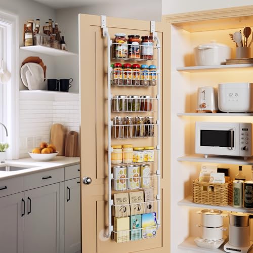 Image of Delamu Narrow Over The Door Pantry Organizer, 8-Tier Metal Pantry Door Organization and Storage for Easy Install, Hanging Spice Rack Shelves, Door Organizer for Kitchen, 4.65 inchD x 13 inchW x 65 inchH, White
