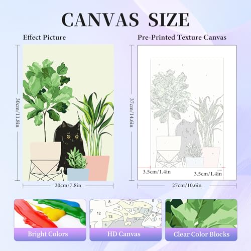 Image of 6 Pack Paint by Numbers Kit for Adults Beginner, Black Cat Adult Paint by Number Kits on Canvas Without Frame, Green Plant DIY Acrylic Oil Painting by Numbers Kits, Perfect for Home Decor 8x12 Inch
