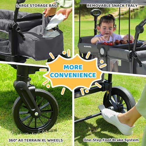 Image of ELEMARA Foldable Wagon Stroller, Stroller Wagon for 2 Kids, Premium All Terrain Wagon for Kids with Removable Canopy, Adjustable Push /Pull Handle, Harnesses, Large Storage Bag, Grey