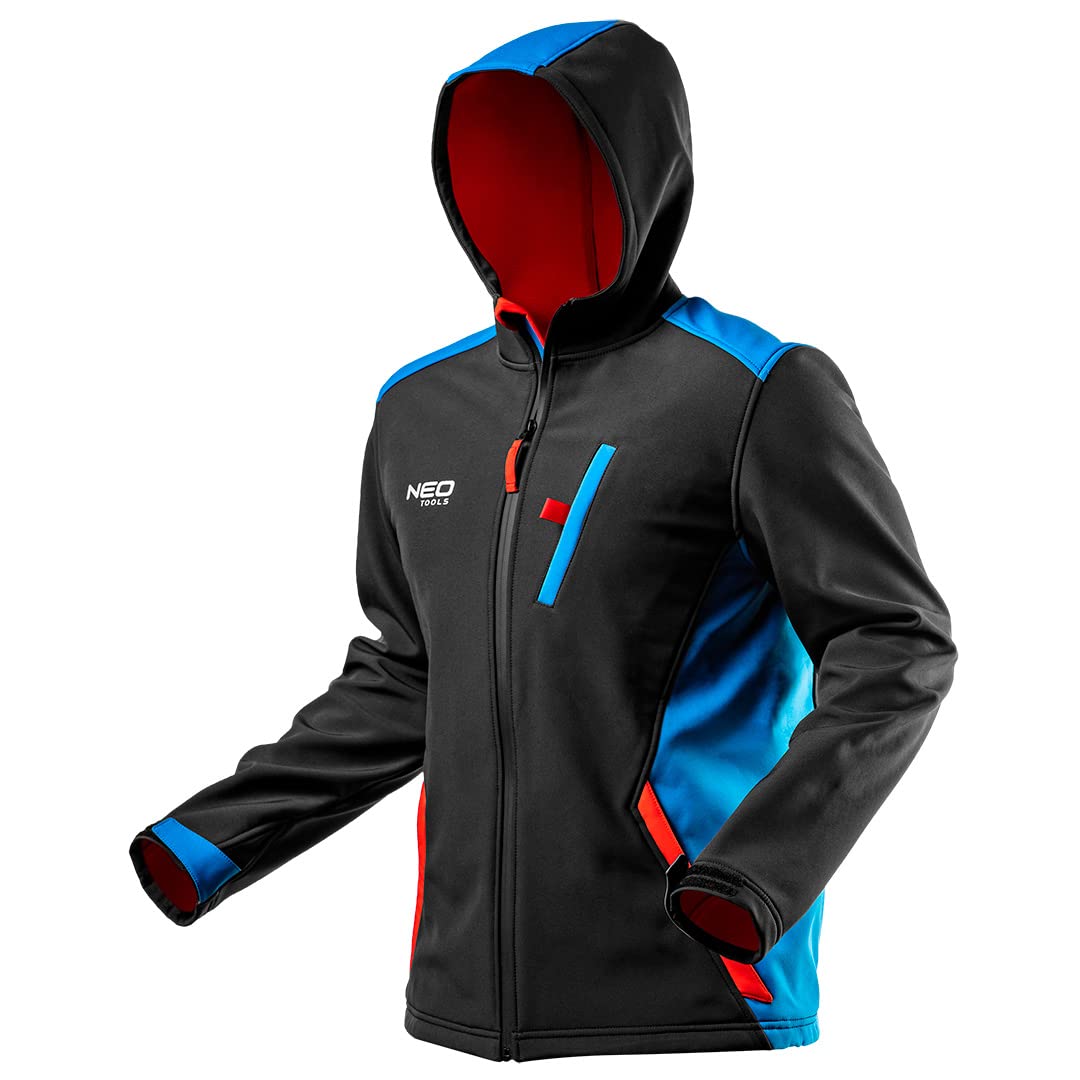 NEO TOOLS Herren Arbeits-Softshelljacke HD+ mit Kapuze, 94% Polyester | 6% Elasthan, Gr. S-XXL, Winddicht, Wasserabweisend (5000 mm), Atmungsaktiv (3000 g/m2), Wasserdichte Reißverschlüsse