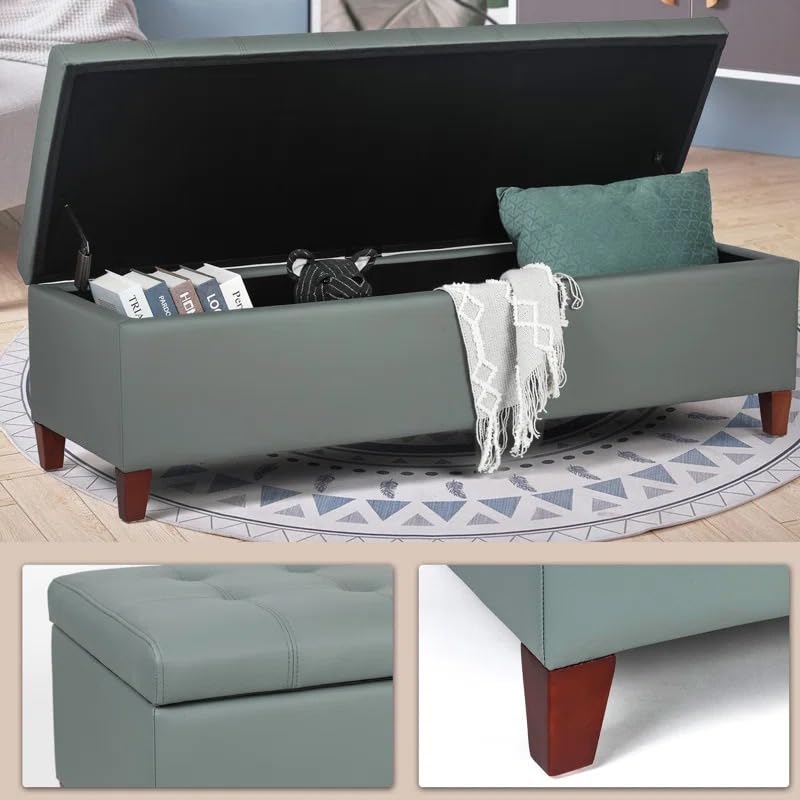Image of LEGACY OF COMFORT Nysir 2 Seater Sofa Upholstered Ottoman Bench with Storage, for Living Room, Bedroom, Entryway (Greish Green Leather)