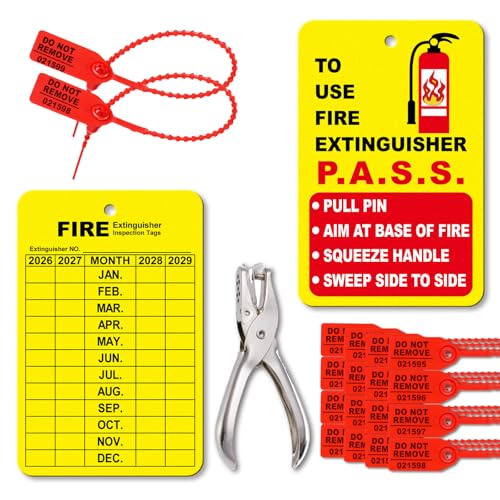 30 Sets Fire Extinguisher Tags Monthly Inspection Tear-Resistant Numbered Plastic Tamper-Evident Cable Ties Easy to Punch Includes Handheld Hole Puncher- Red