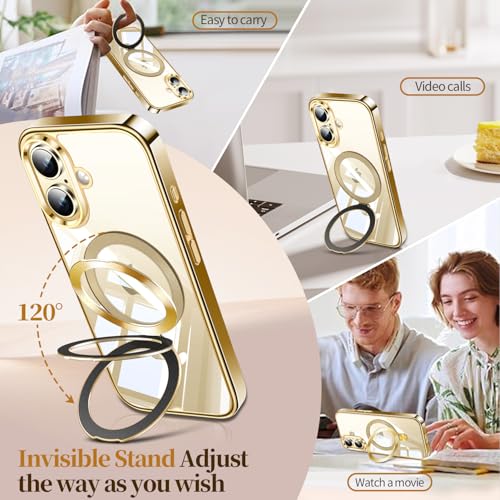 Image of ESTPEAK Titanium Gold CD Mag-Stand Case for iPhone 16 Case with Invisible Magnetic Ring, [Fit for MagSafe] [Never Yellowing] Top Clear Phone Case Cover for iPhone 16 6.1 inch Men Women, Gold